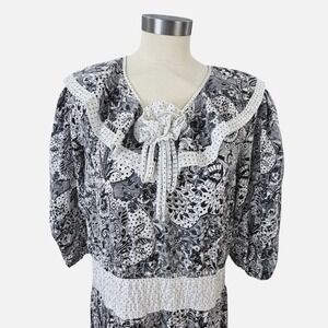 Vintage Diane Freis Georgette Paisley Polka Dot Midi Dress Black White 80s